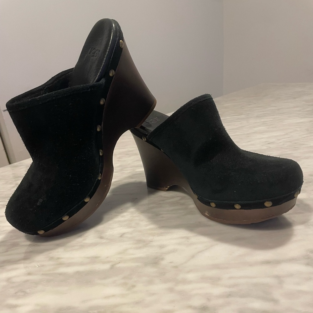 UGG Black Suede Clogs with Brown Heel